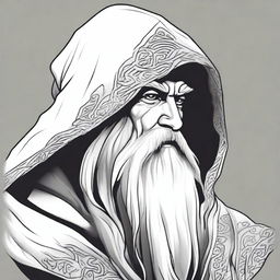 A detailed black and white head shot side profile of a wizard wearing an unadorned hood