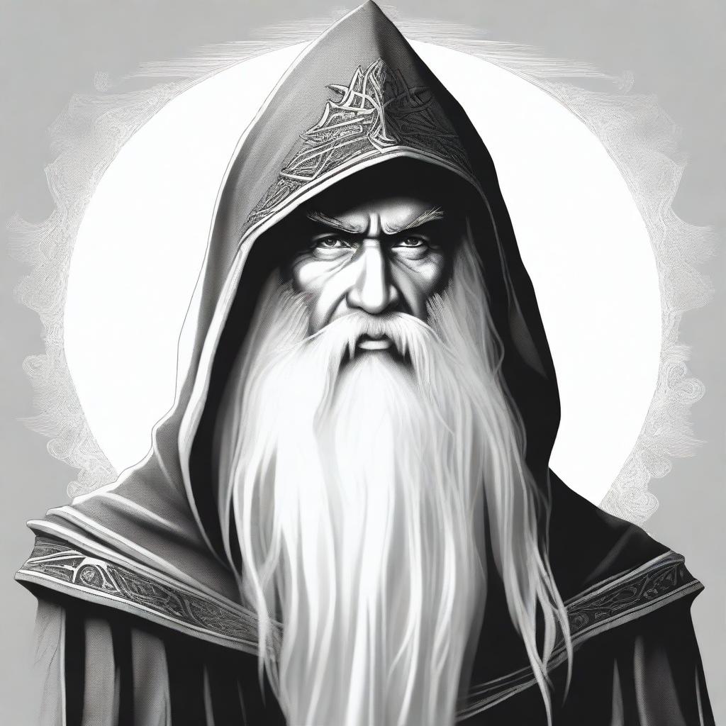 A detailed black and white head shot side profile of a wizard wearing an unadorned hood