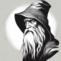 A detailed black and white head shot side profile of a wizard wearing an unadorned hood