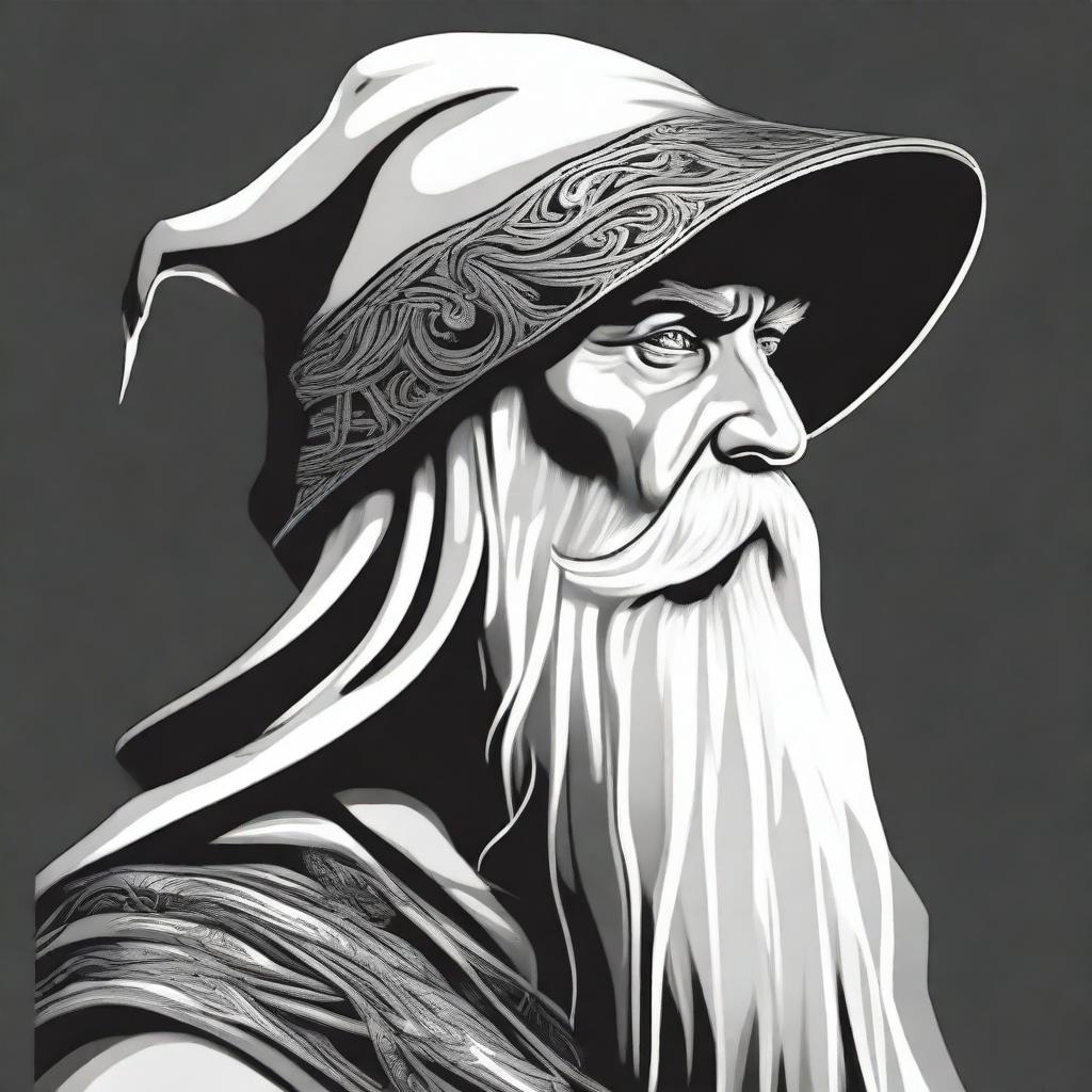 A detailed black and white head shot side profile of a wizard wearing an unadorned hood