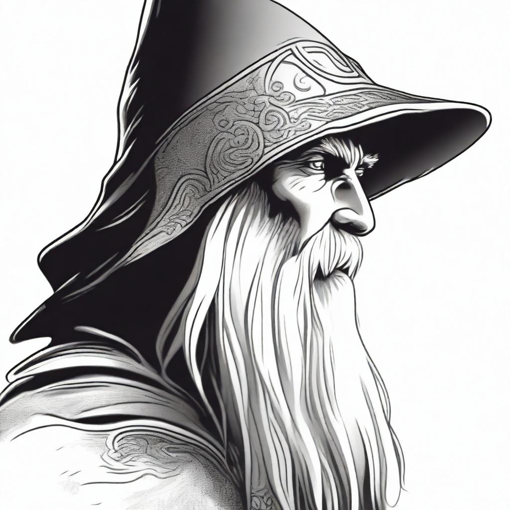 A detailed black and white head shot side profile of a wizard wearing an unadorned hood