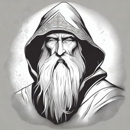 A detailed black and white head shot side profile of a wizard wearing an unadorned hood