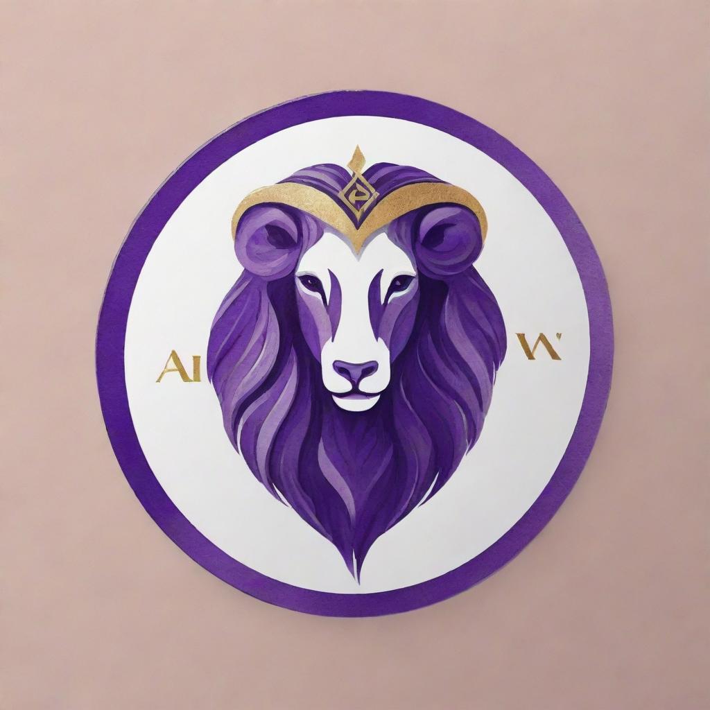 Design a luxurious personal logo for 'Amir', integrating elements of veterinary medicine, Gemini zodiac sign, and a dominant violet color. The style should resemble an expensive, high-quality acrylic painting.