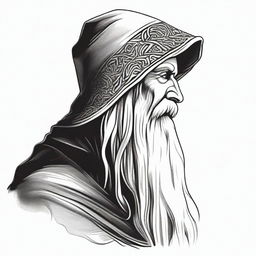 A detailed black and white head shot side profile of a wizard wearing an unadorned hood