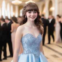 A 17-year-old white girl with shoulder-length wavy brown hair, bangs, freckles on her face, and brown eyes, attending a formal gala