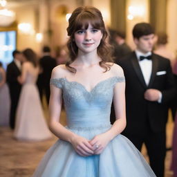 A 17-year-old white girl with shoulder-length wavy brown hair, bangs, freckles on her face, and brown eyes, attending a formal gala