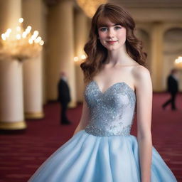 A 17-year-old white girl with shoulder-length wavy brown hair, bangs, freckles on her face, and brown eyes, attending a formal gala