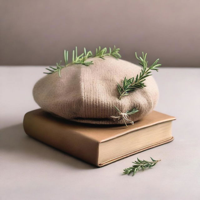 A book cover featuring a dark beige colored cabbie hat with rosemary flowers creeping out of it