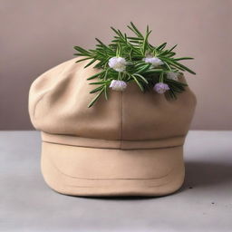 A book cover featuring a dark beige colored cabbie hat with rosemary flowers creeping out of it