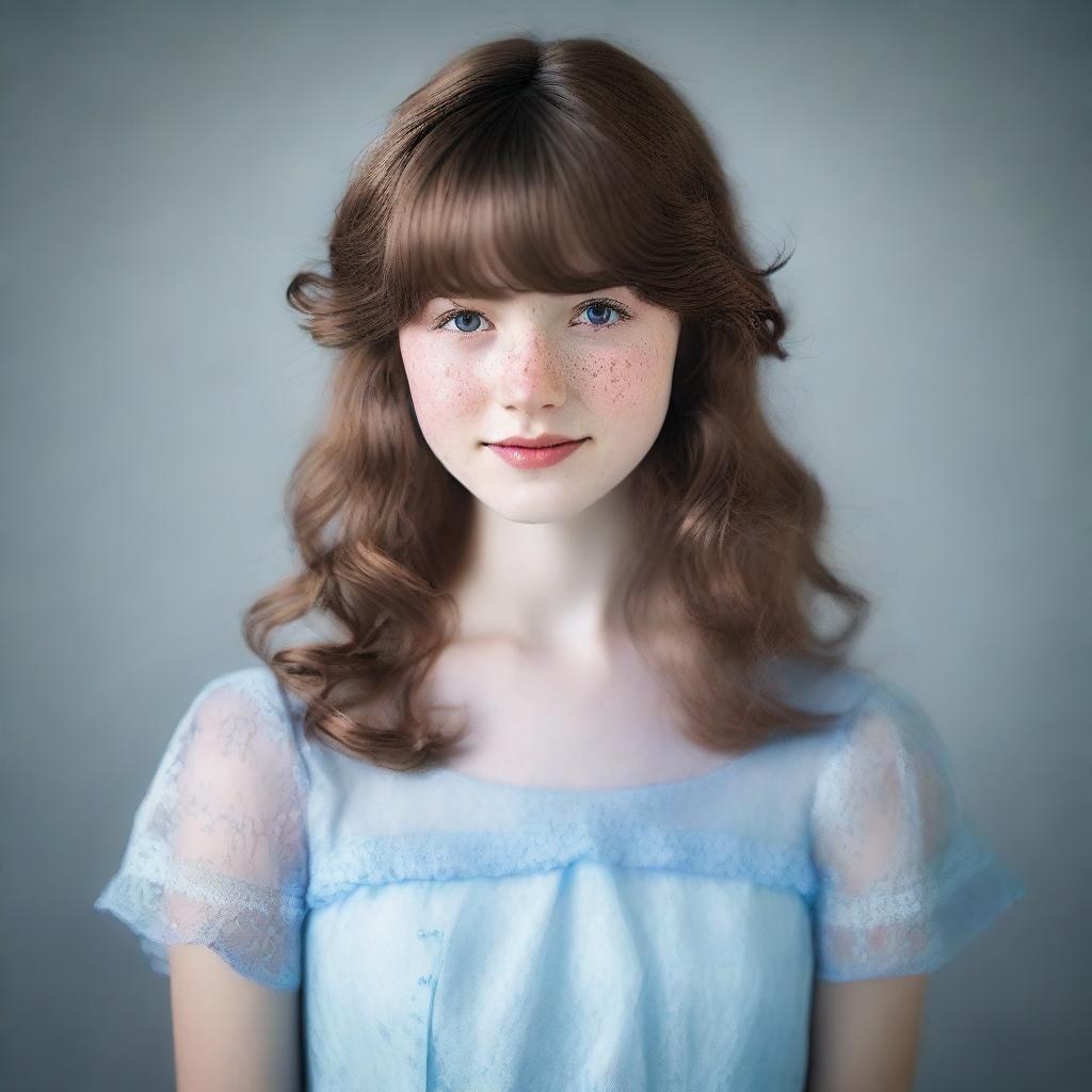 A 17-year-old girl with shoulder-length wavy brown hair and bangs, fair skin with freckles on her face, and brown eyes