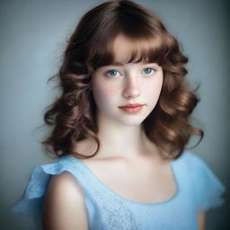 A 17-year-old girl with shoulder-length wavy brown hair and bangs, fair skin with freckles on her face, and brown eyes