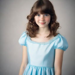 A 17-year-old girl with shoulder-length wavy brown hair and bangs, fair skin with freckles on her face, and brown eyes