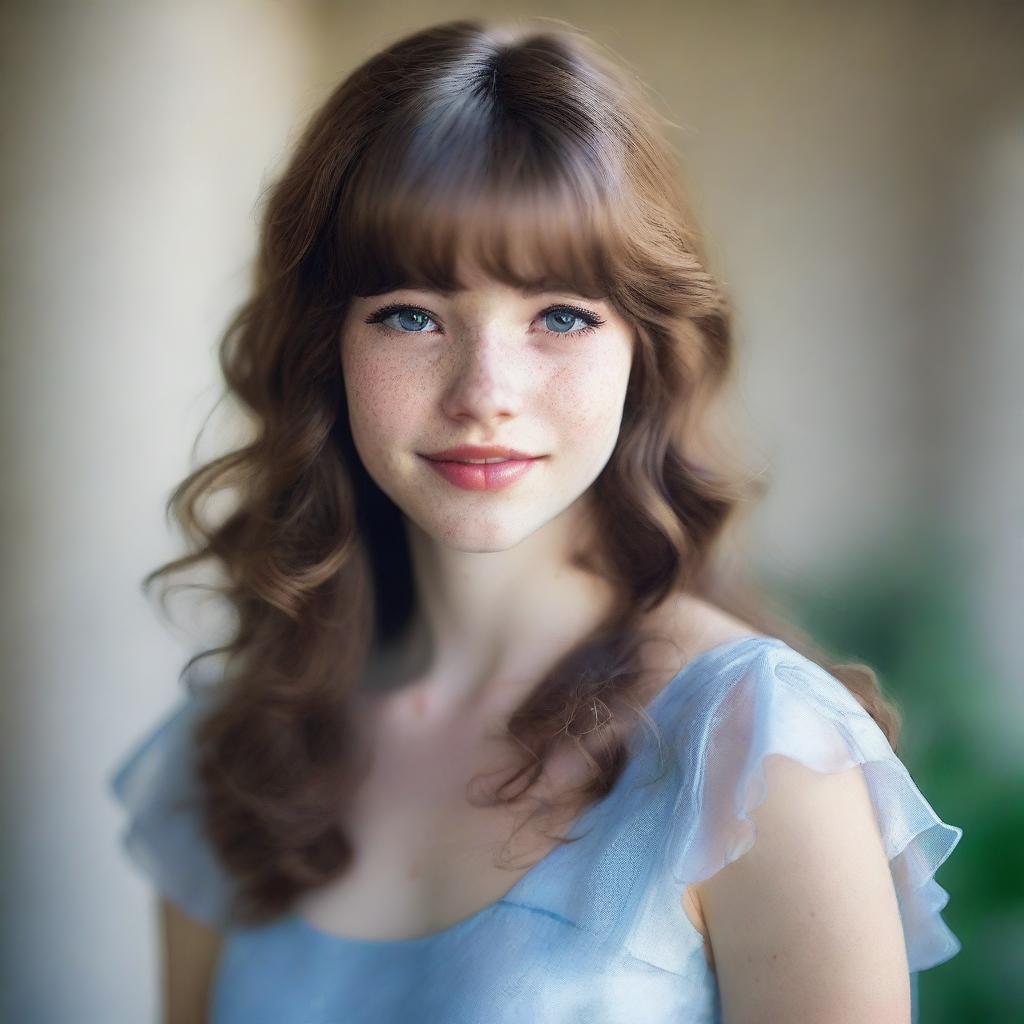 A 17-year-old girl with shoulder-length wavy brown hair and bangs, fair skin with freckles on her face, and brown eyes