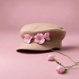 A book cover featuring a dark beige colored cabbie hat with pink primrose flowers creeping out of it