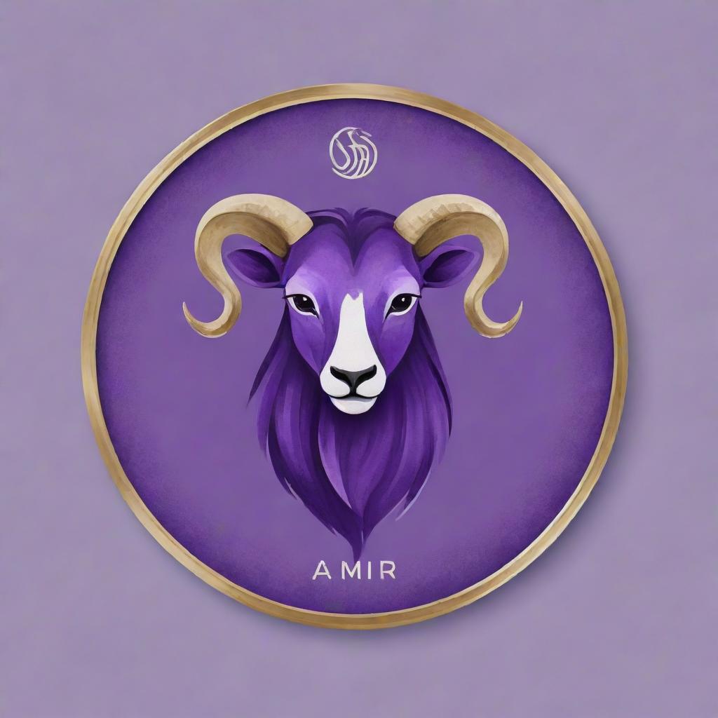 Design a luxurious personal logo for 'Amir', integrating elements of veterinary medicine, Gemini zodiac sign, and a dominant violet color. The style should resemble an expensive, high-quality acrylic painting.