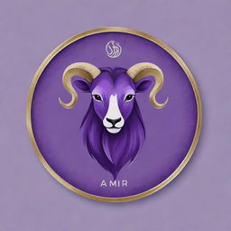 Design a luxurious personal logo for 'Amir', integrating elements of veterinary medicine, Gemini zodiac sign, and a dominant violet color. The style should resemble an expensive, high-quality acrylic painting.