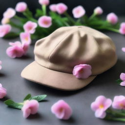 A book cover featuring a dark beige colored cabbie hat with pink primrose flowers creeping out of it