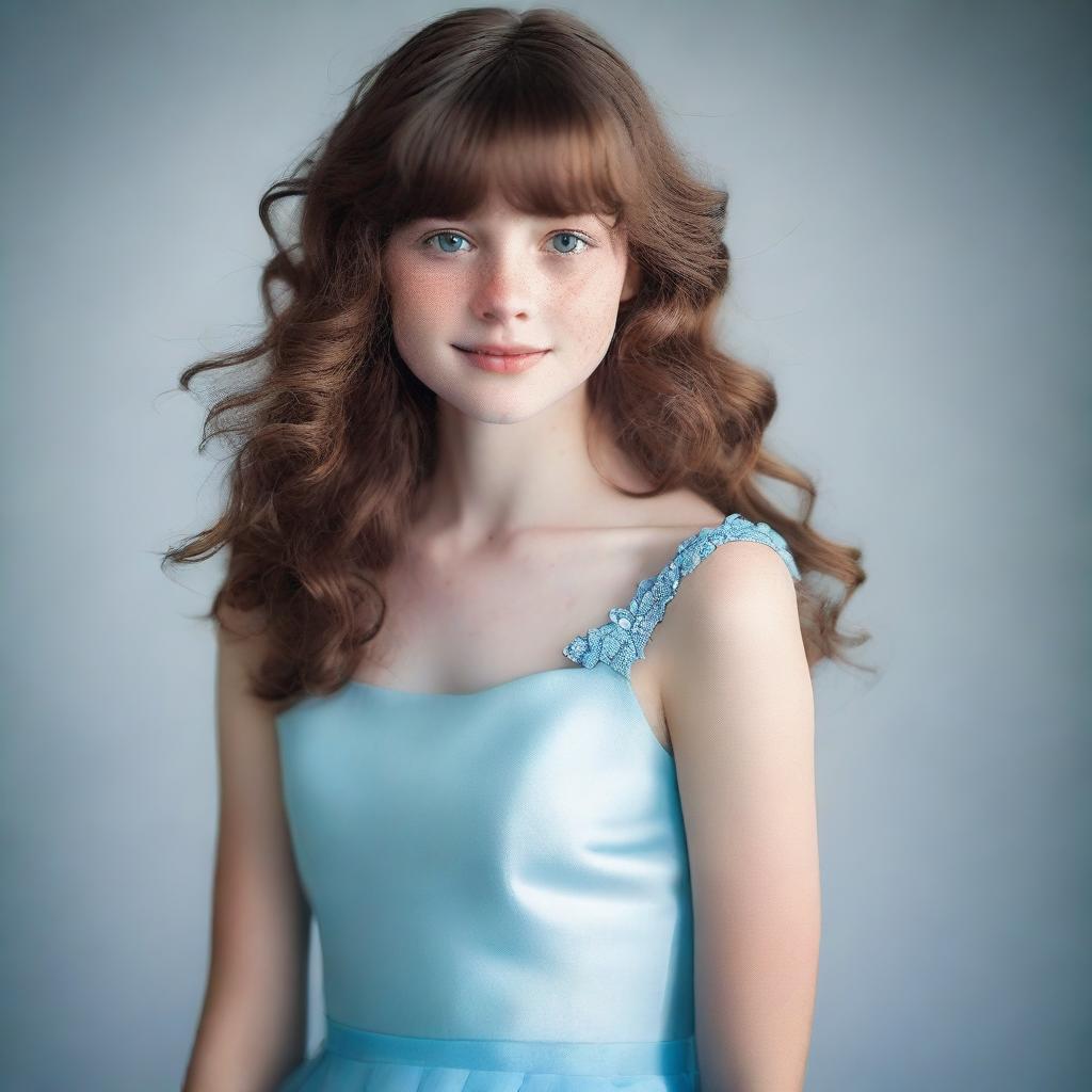 A 17-year-old girl with shoulder-length wavy brown hair and bangs, fair skin with freckles on her face, and brown eyes