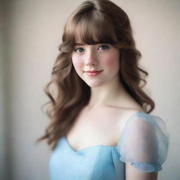 A 17-year-old girl with shoulder-length wavy brown hair and bangs, fair skin with freckles on her face, and brown eyes