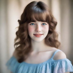 A 17-year-old girl with shoulder-length wavy brown hair and bangs, fair skin with freckles on her face, and brown eyes