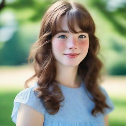 A 17-year-old girl with shoulder-length wavy brown hair and bangs, fair skin with freckles on her face, and brown eyes