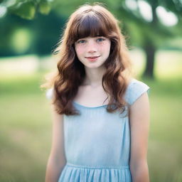 A 17-year-old girl with shoulder-length wavy brown hair and bangs, fair skin with freckles on her face, and brown eyes