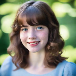 A 17-year-old girl with shoulder-length wavy brown hair and bangs, fair skin with freckles on her face, and brown eyes