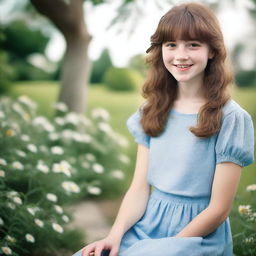 A 17-year-old girl with shoulder-length wavy brown hair and bangs, fair skin with freckles on her face, and brown eyes