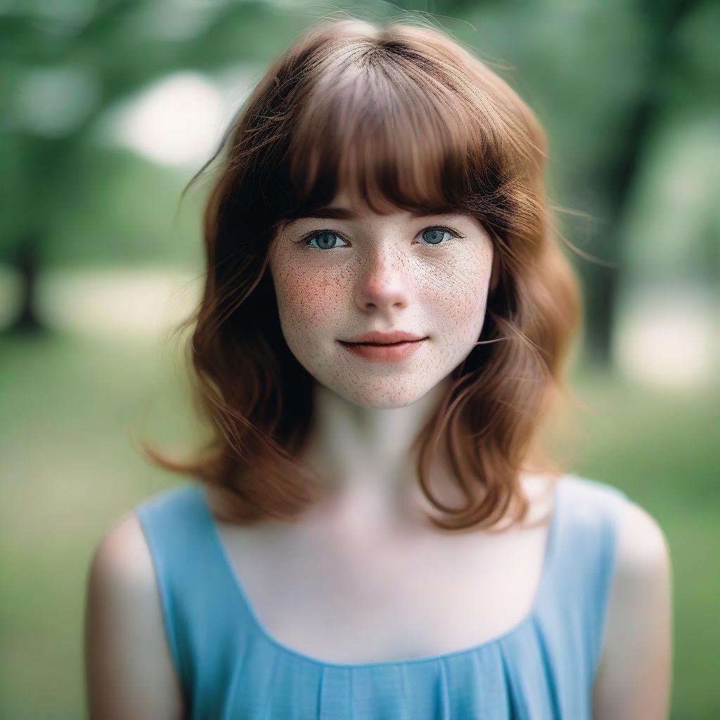 A girl with shoulder-length wavy brown hair and bangs, fair skin with freckles on her face, and brown eyes