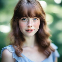 A girl with shoulder-length wavy brown hair and bangs, fair skin with freckles on her face, and brown eyes