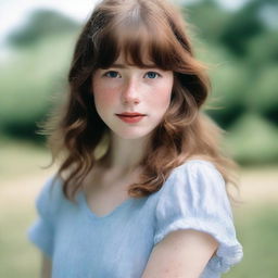 A girl with shoulder-length wavy brown hair and bangs, fair skin with freckles on her face, and brown eyes