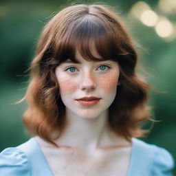 A girl with shoulder-length wavy brown hair and bangs, fair skin with freckles on her face, and brown eyes