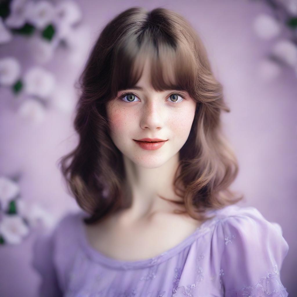 A girl with shoulder-length wavy brown hair and bangs, fair skin with freckles on her face, and brown eyes, wearing a lilac dress