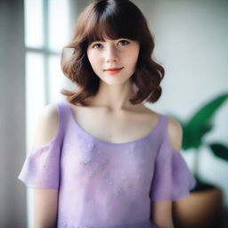 A girl with shoulder-length wavy brown hair and bangs, fair skin with freckles on her face, and brown eyes, wearing a lilac dress