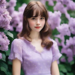 A girl with shoulder-length wavy brown hair and bangs, fair skin with freckles on her face, and brown eyes, wearing a lilac dress