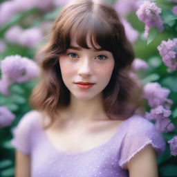 A girl with shoulder-length wavy brown hair and bangs, fair skin with freckles on her face, and brown eyes, wearing a lilac dress