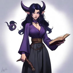 A medium-height tiefling in the DND universe wearing typical witch attire