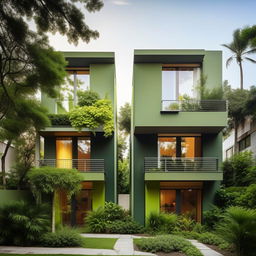 A 35*34 square feet duplex house exterior with a modern design, painted with a vibrant combination of green colors. It has large windows, and lush landscaping.