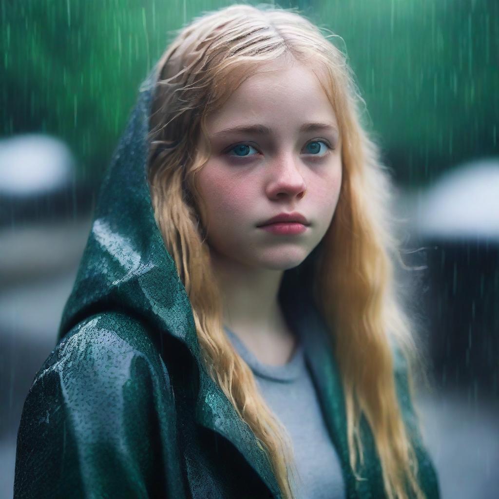 A 17-year-old girl with blonde hair, green eyes, and a fuller figure standing in a rainy environment