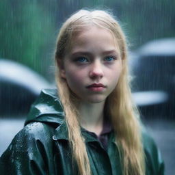 A 17-year-old girl with blonde hair, green eyes, and a fuller figure standing in a rainy environment