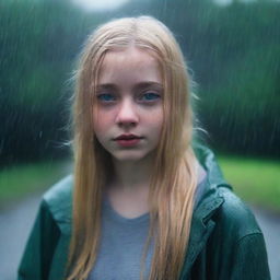 A 17-year-old girl with blonde hair, green eyes, and a fuller figure standing in a rainy environment