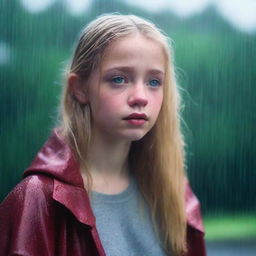 A 17-year-old girl with blonde hair, green eyes, and a fuller figure standing in a rainy environment