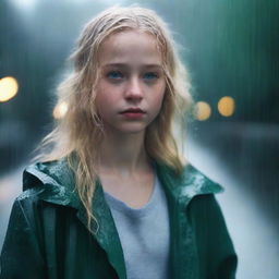 A girl with blonde wavy hair and green eyes standing in a rainy environment