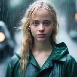 A girl with blonde wavy hair and green eyes standing in a rainy environment