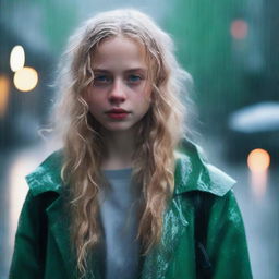 A girl with blonde wavy hair and green eyes standing in a rainy environment