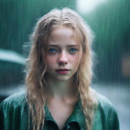 A girl with blonde wavy hair and green eyes standing in a rainy environment