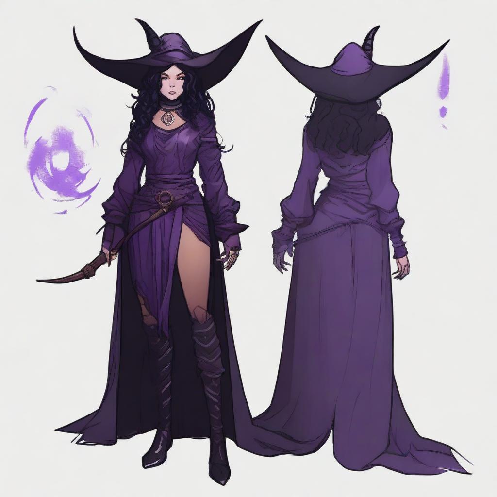 A standard tiefling in the DND universe of medium height, wearing witch attire