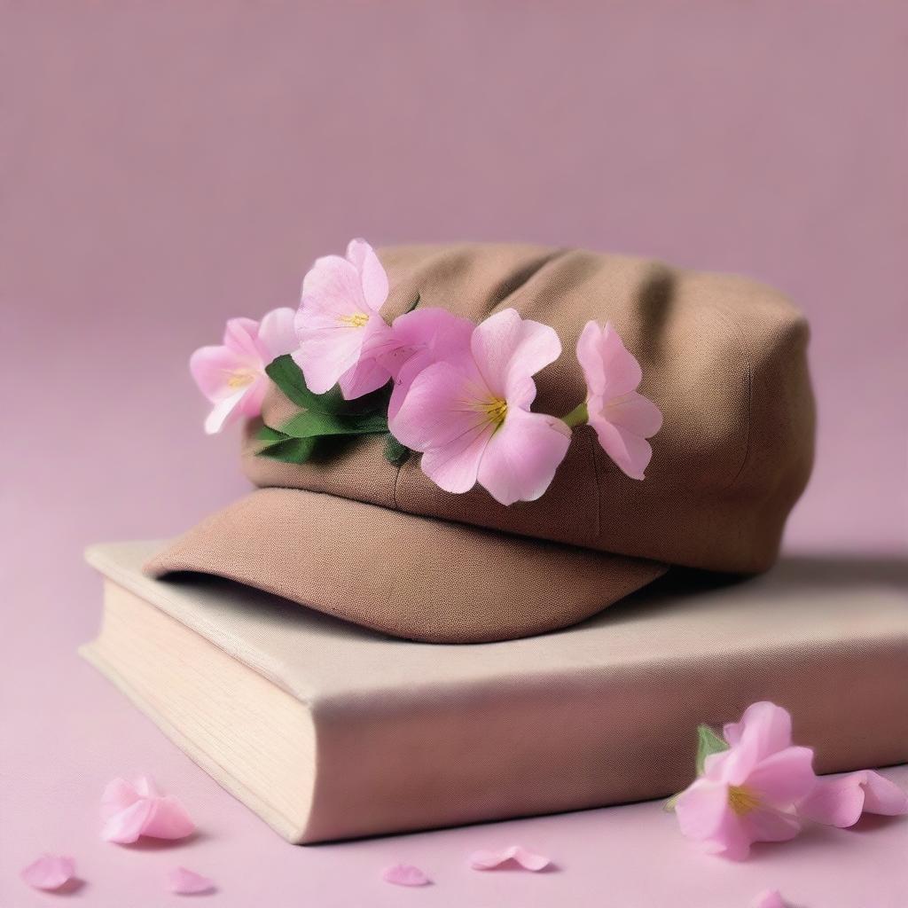 A book cover featuring a dark beige colored cabbie hat with pink primrose flowers ripping out of it