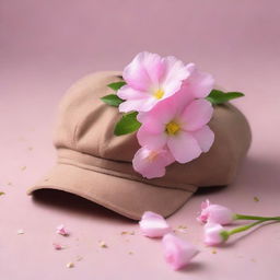 A book cover featuring a dark beige colored cabbie hat with pink primrose flowers ripping out of it