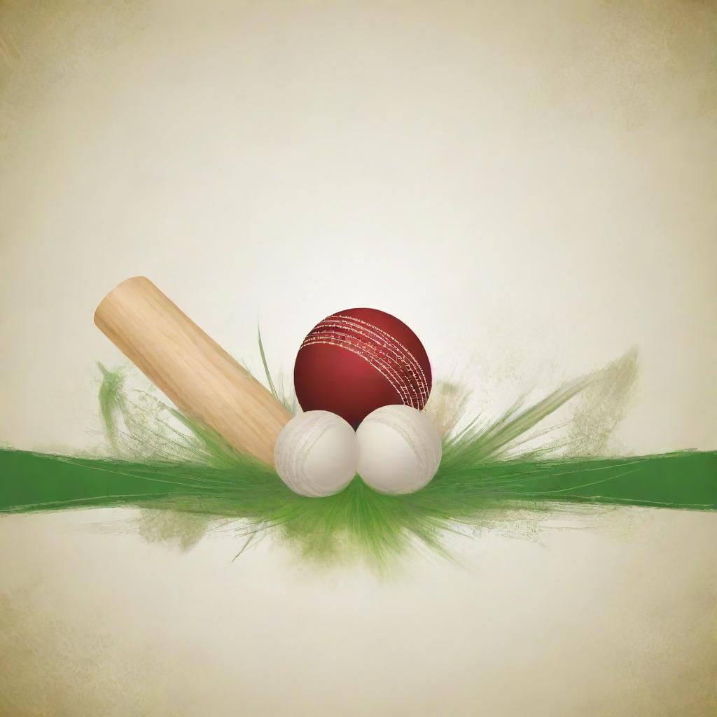 An abstract background, rich with the subtle motifs of cricket, including cricket balls, bats, stumps, and fields subtly weaved into the design.